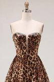 Brown Leopard A-Line Strapless Short Homecoming Dress with Beading