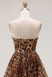 Brown Leopard A-Line Strapless Short Homecoming Dress with Beading