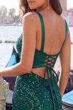 Dark Green Spaghetti Straps Sequins Bodycon Lace Up Back Homecoming Dress with Bow