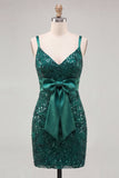 Dark Green Spaghetti Straps Sequins Bodycon Lace Up Back Homecoming Dress with Bow