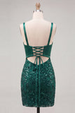 Dark Green Spaghetti Straps Sequins Bodycon Lace Up Back Homecoming Dress with Bow