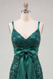 Dark Green Spaghetti Straps Sequins Bodycon Lace Up Back Homecoming Dress with Bow