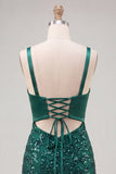 Dark Green Spaghetti Straps Sequins Bodycon Lace Up Back Homecoming Dress with Bow
