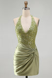 Army Green Halter Neck Ruched Floral Satin Bodycon Beaded Homecoming Dress