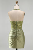 Army Green Halter Neck Ruched Floral Satin Bodycon Beaded Homecoming Dress
