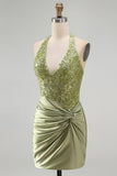 Army Green Halter Neck Ruched Floral Satin Bodycon Beaded Homecoming Dress