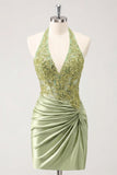 Army Green Halter Neck Ruched Floral Satin Bodycon Beaded Homecoming Dress