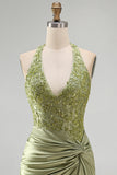 Army Green Halter Neck Ruched Floral Satin Bodycon Beaded Homecoming Dress
