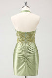 Army Green Halter Neck Ruched Floral Satin Bodycon Beaded Homecoming Dress