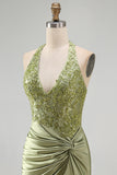 Army Green Halter Neck Ruched Floral Satin Bodycon Beaded Homecoming Dress