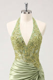 Army Green Halter Neck Ruched Floral Satin Bodycon Beaded Homecoming Dress