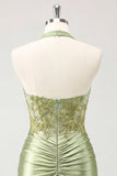 Army Green Halter Neck Ruched Floral Satin Bodycon Beaded Homecoming Dress