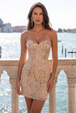 Strapless Champagne Bodycon Sequins Homecoming Dress with Lace Up Back