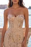 Strapless Champagne Bodycon Sequins Homecoming Dress with Lace Up Back