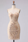 Strapless Champagne Bodycon Sequins Homecoming Dress with Lace Up Back
