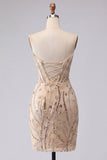 Strapless Champagne Bodycon Sequins Homecoming Dress with Lace Up Back
