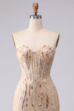 Strapless Champagne Bodycon Sequins Homecoming Dress with Lace Up Back