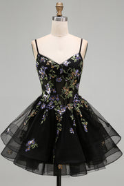 A-Line Black Floral Tiered Spaghetti Straps Organza Homecoming Dress with Lace Up Back