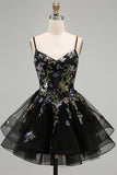 A-Line Black Floral Tiered Spaghetti Straps Organza Homecoming Dress with Lace Up Back