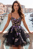 A-Line Black Floral Tiered Spaghetti Straps Organza Homecoming Dress with Lace Up Back