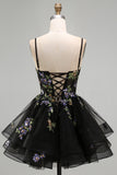 A-Line Black Floral Tiered Spaghetti Straps Organza Homecoming Dress with Lace Up Back