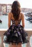 A-Line Black Floral Tiered Spaghetti Straps Organza Homecoming Dress with Lace Up Back