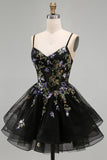 A-Line Black Floral Tiered Spaghetti Straps Organza Homecoming Dress with Lace Up Back