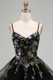 A-Line Black Floral Tiered Spaghetti Straps Organza Homecoming Dress with Lace Up Back