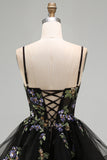 A-Line Black Floral Tiered Spaghetti Straps Organza Homecoming Dress with Lace Up Back