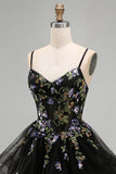 A-Line Black Floral Tiered Spaghetti Straps Organza Homecoming Dress with Lace Up Back