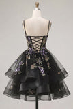 A-Line Black Floral Tiered Spaghetti Straps Organza Homecoming Dress with Lace Up Back