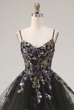 A-Line Black Floral Tiered Spaghetti Straps Organza Homecoming Dress with Lace Up Back