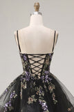 A-Line Black Floral Tiered Spaghetti Straps Organza Homecoming Dress with Lace Up Back