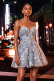 Dusty Blue A-Line Sweetheart Pearl Floral Short Homecoming Dress with Lace Up Back