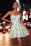 Dusty Blue A-Line Sweetheart Pearl Floral Short Homecoming Dress with Lace Up Back