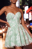 A-Line Pink Sweetheart Pearl Floral Short Homecoming Dress with Lace Up Back