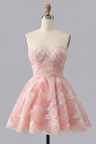 A-Line Pink Sweetheart Pearl Floral Short Homecoming Dress with Lace Up Back