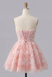 A-Line Pink Sweetheart Pearl Floral Short Homecoming Dress with Lace Up Back