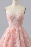 A-Line Pink Sweetheart Pearl Floral Short Homecoming Dress with Lace Up Back