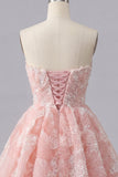 A-Line Pink Sweetheart Pearl Floral Short Homecoming Dress with Lace Up Back