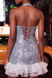 Pink Halter Neck Pearl Bodycon Ruffled Floral Homecoming Dress with Lace Up Back