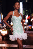 Mint Green Halter Neck Pearl Bodycon Ruffled Floral Homecoming Dress with Lace Up Back