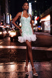 Pink Halter Neck Pearl Bodycon Ruffled Floral Homecoming Dress with Lace Up Back