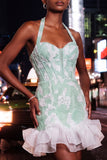 Pink Halter Neck Pearl Bodycon Ruffled Floral Homecoming Dress with Lace Up Back