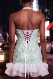 Pink Halter Neck Pearl Bodycon Ruffled Floral Homecoming Dress with Lace Up Back