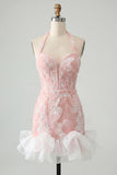 Pink Halter Neck Pearl Bodycon Ruffled Floral Homecoming Dress with Lace Up Back