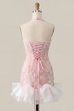 Pink Halter Neck Pearl Bodycon Ruffled Floral Homecoming Dress with Lace Up Back