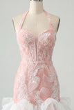 Pink Halter Neck Pearl Bodycon Ruffled Floral Homecoming Dress with Lace Up Back