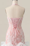 Pink Halter Neck Pearl Bodycon Ruffled Floral Homecoming Dress with Lace Up Back