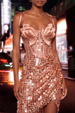 Coffee Bodycon Sheer Corset Ruched Sequins Bowed Straps Short Homecoming Dress